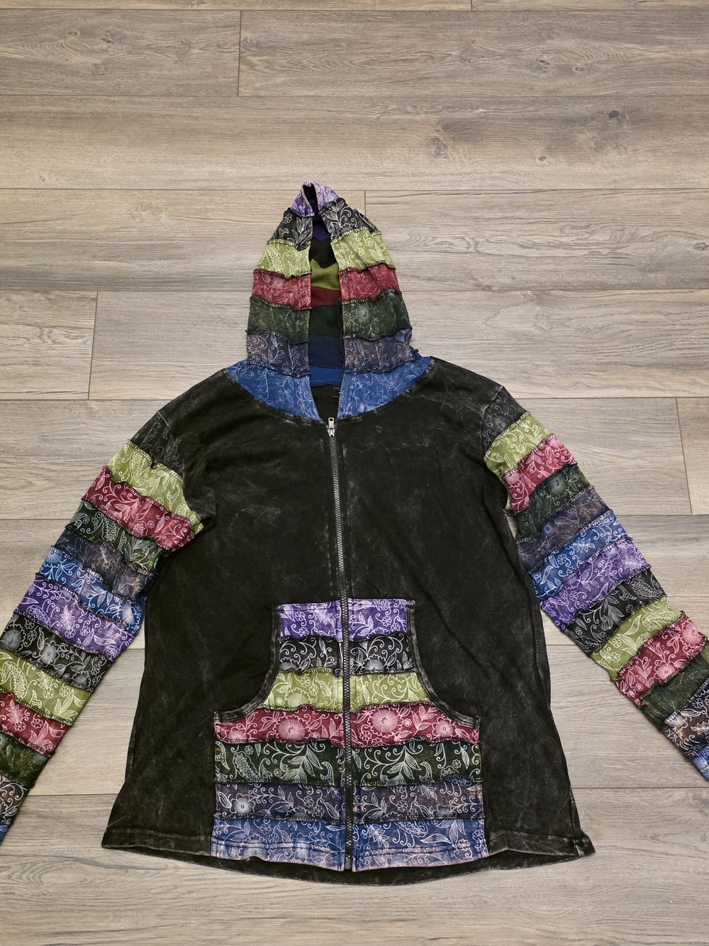 Greater Good Rows of Flowers Block Print Zip Hoodie - Boho Patchwork Size 1X